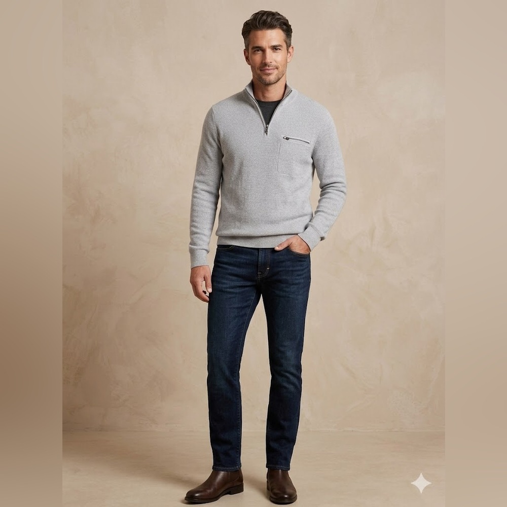 Banana Republic Men Grey Cotton 3/4 zip up knit sweater size small